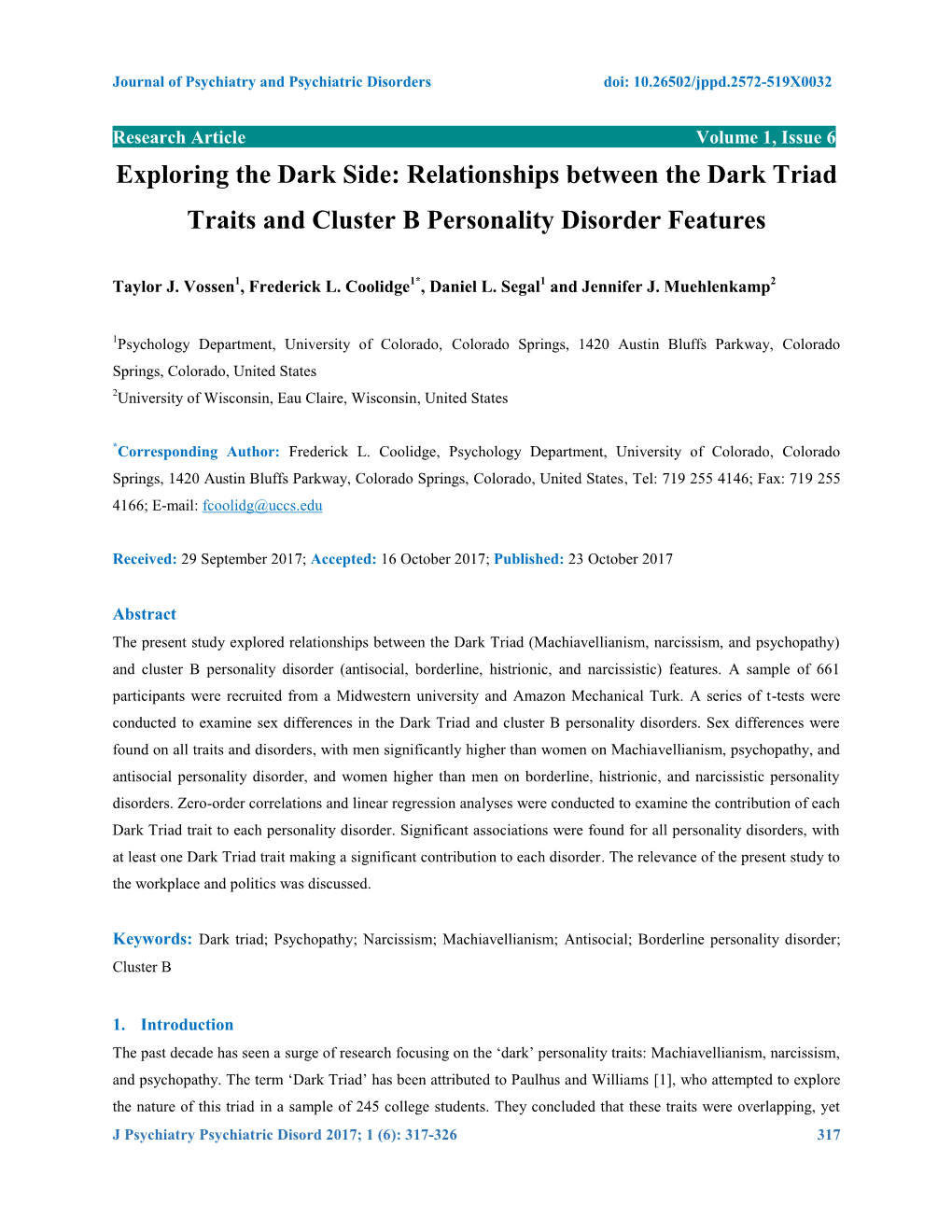Relationships Between the Dark Triad Traits and Cluster B Personality Disorder Features