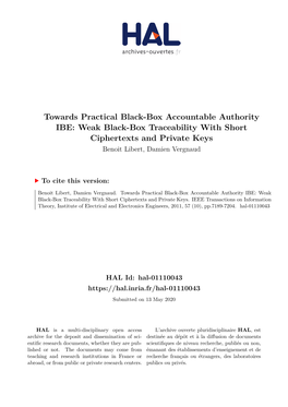 Weak Black-Box Traceability with Short Ciphertexts and Private Keys Benoit Libert, Damien Vergnaud
