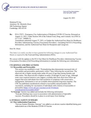 Letter Granting EUA Amendment Moderna COVID-19 Vaccine