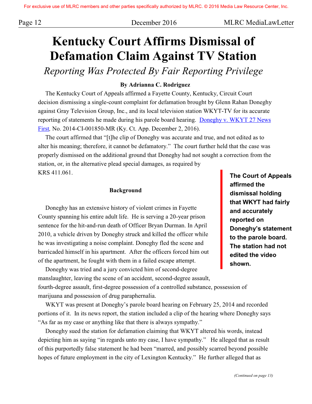 Kentucky Court Affirms Dismissal of Defamation Claim Against TV Station Reporting Was Protected by Fair Reporting Privilege by Adrianna C