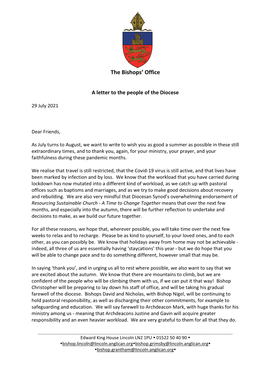 A Letter to the People of the Diocese – 29 July 2021