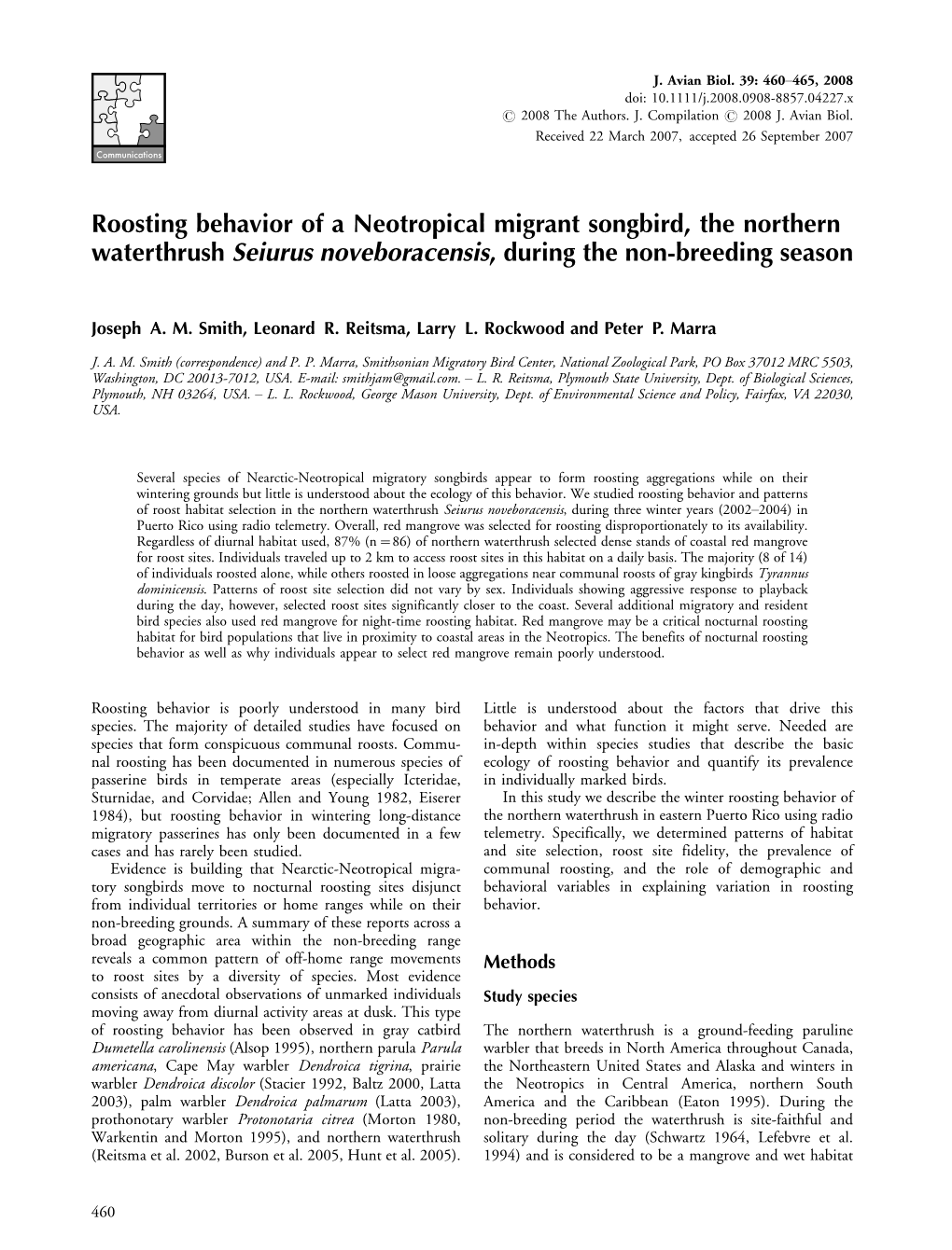 Roosting Behavior of a Neotropical Migrant Songbird, the Northern Waterthrush Seiurus Noveboracensis, During the Non-Breeding Season