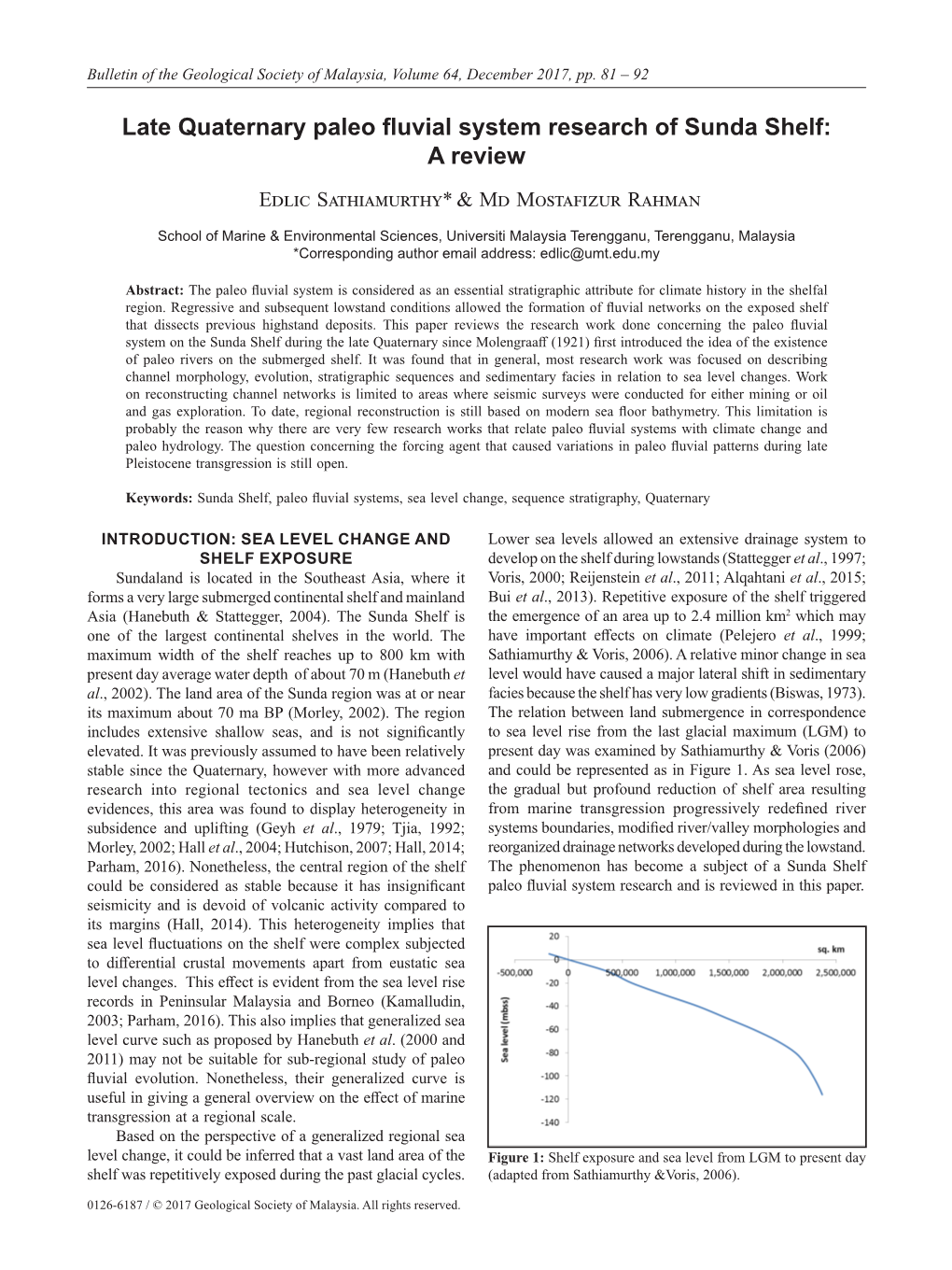 Late Quaternary Paleo Fluvial System Research of Sunda Shelf: a Review Edlic Sathiamurthy* & Md Mostafizur Rahman