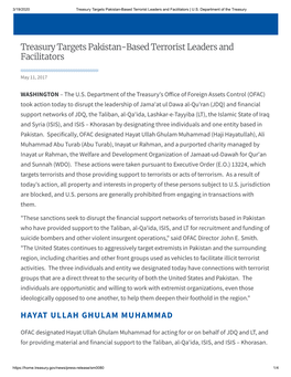 Treasury Targets Pakistan-Based Terrorist Leaders and Facilitators | U.S