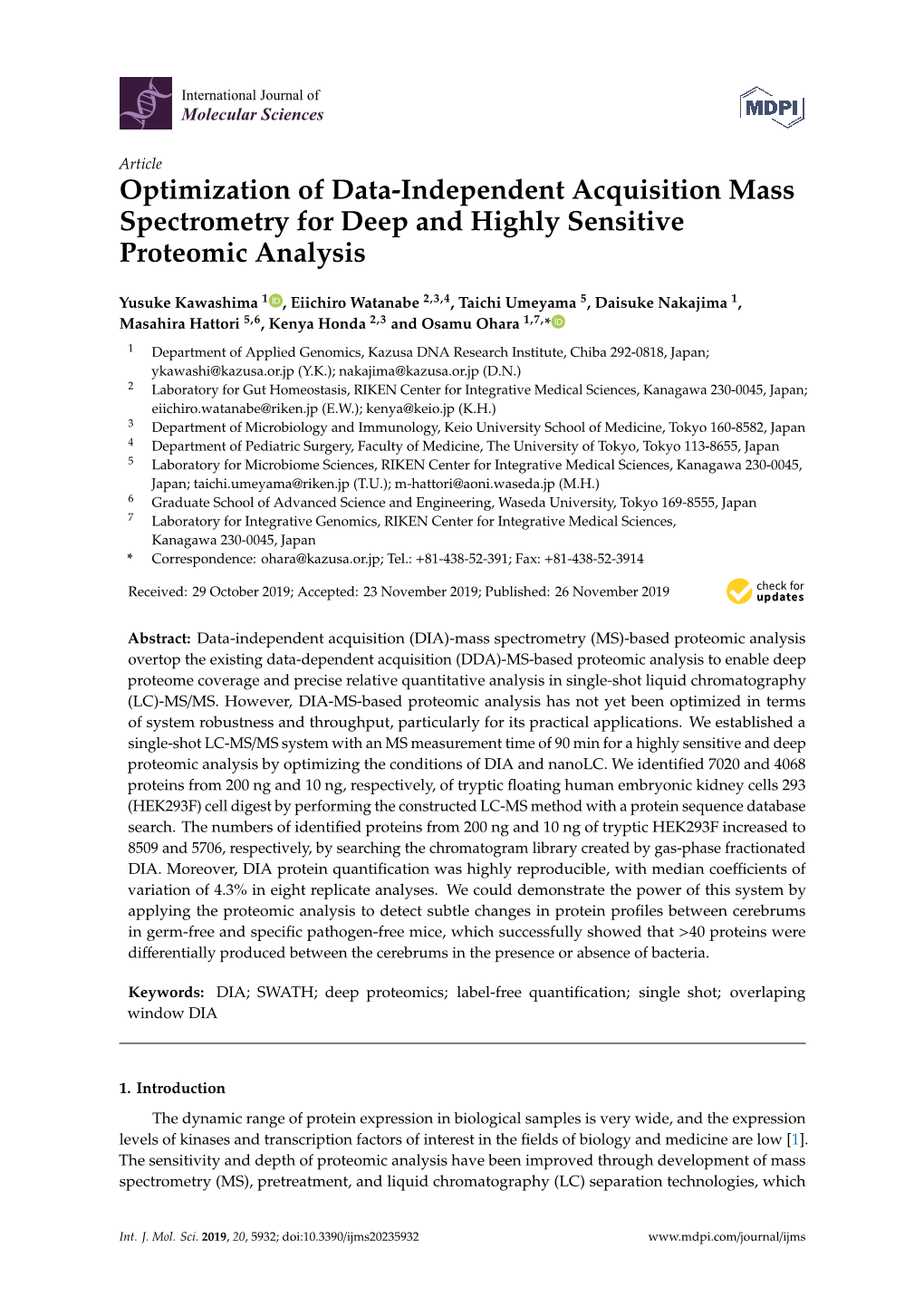 Optimization of Data-Independent Acquisition Mass Spectrometry for Deep and Highly Sensitive Proteomic Analysis