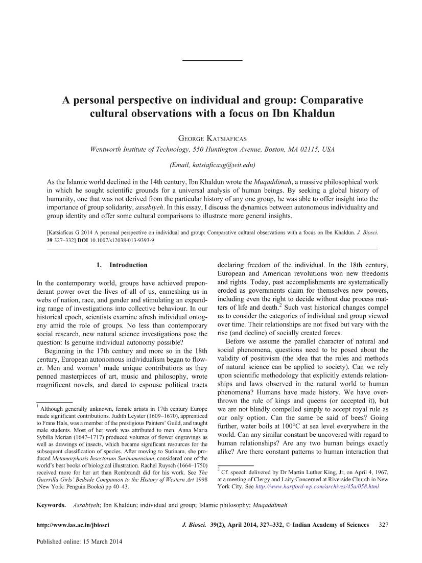 A Personal Perspective on Individual and Group: Comparative Cultural Observations with a Focus on Ibn Khaldun