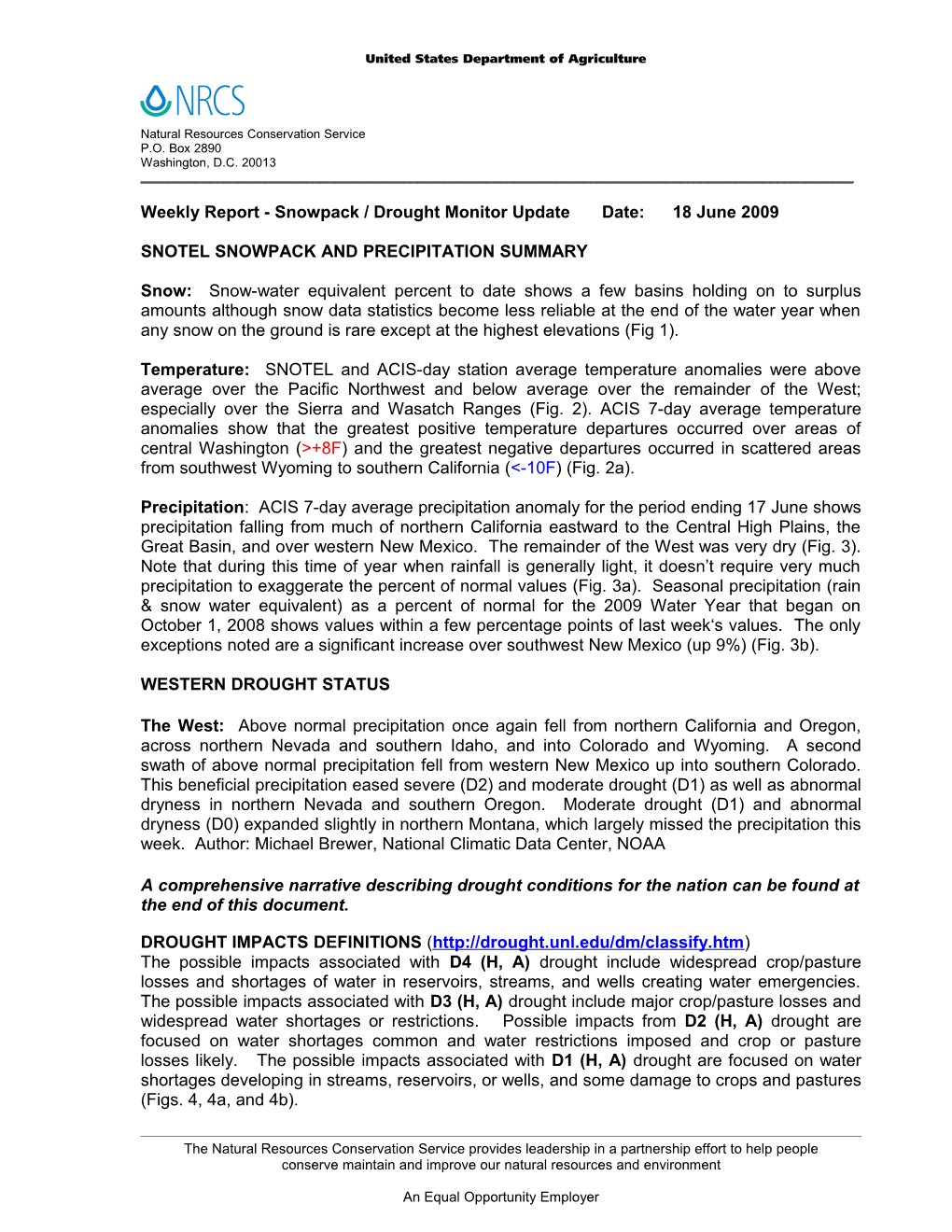 Weekly Report Drought Monitor / Snowpack Update s3