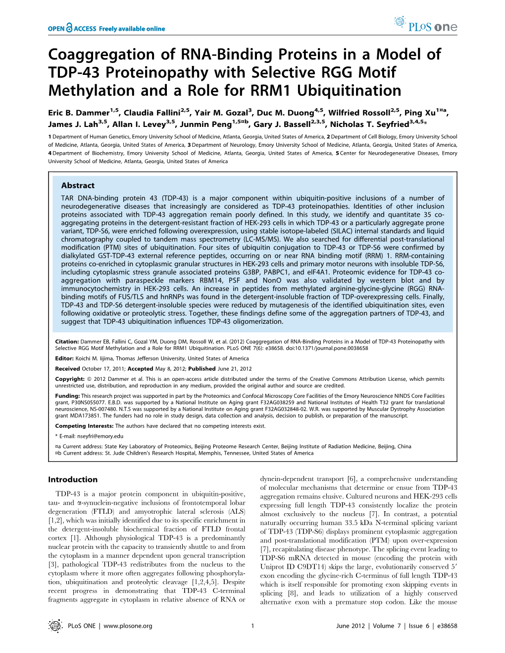 Coaggregation of RNA-Binding Proteins in a Model of TDP-43 Proteinopathy with Selective RGG Motif Methylation and a Role for RRM1 Ubiquitination