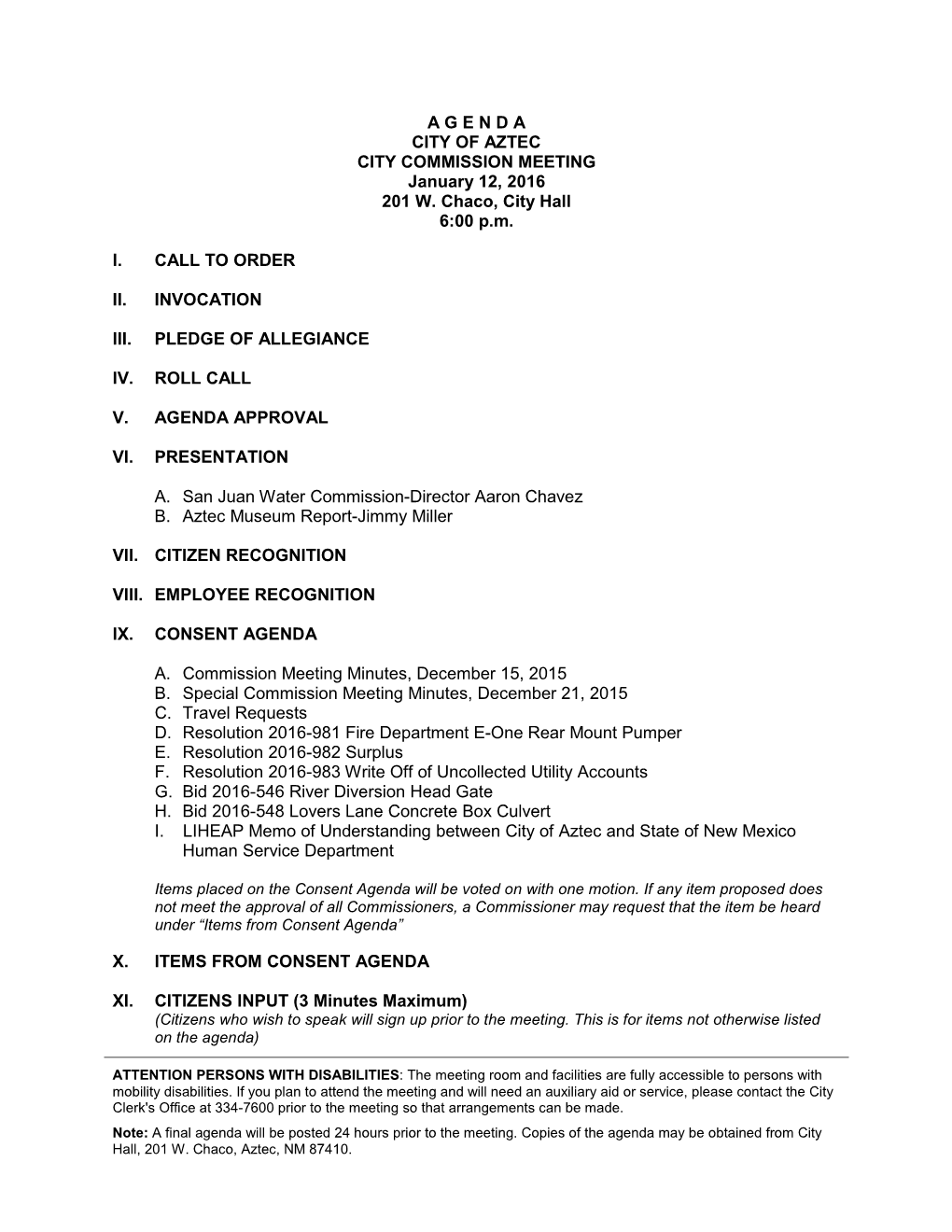 A G E N D a CITY of AZTEC CITY COMMISSION MEETING January 12, 2016 201 W