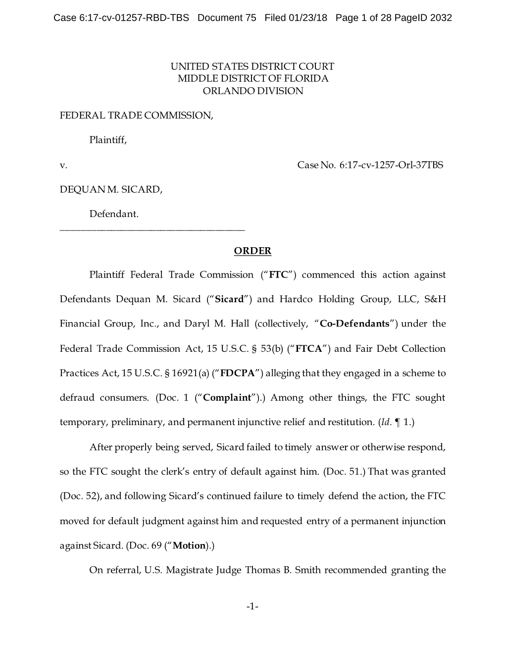 Order Granting FTC's Motion for Default Judgment (Defendant Dequan M. Sicard)