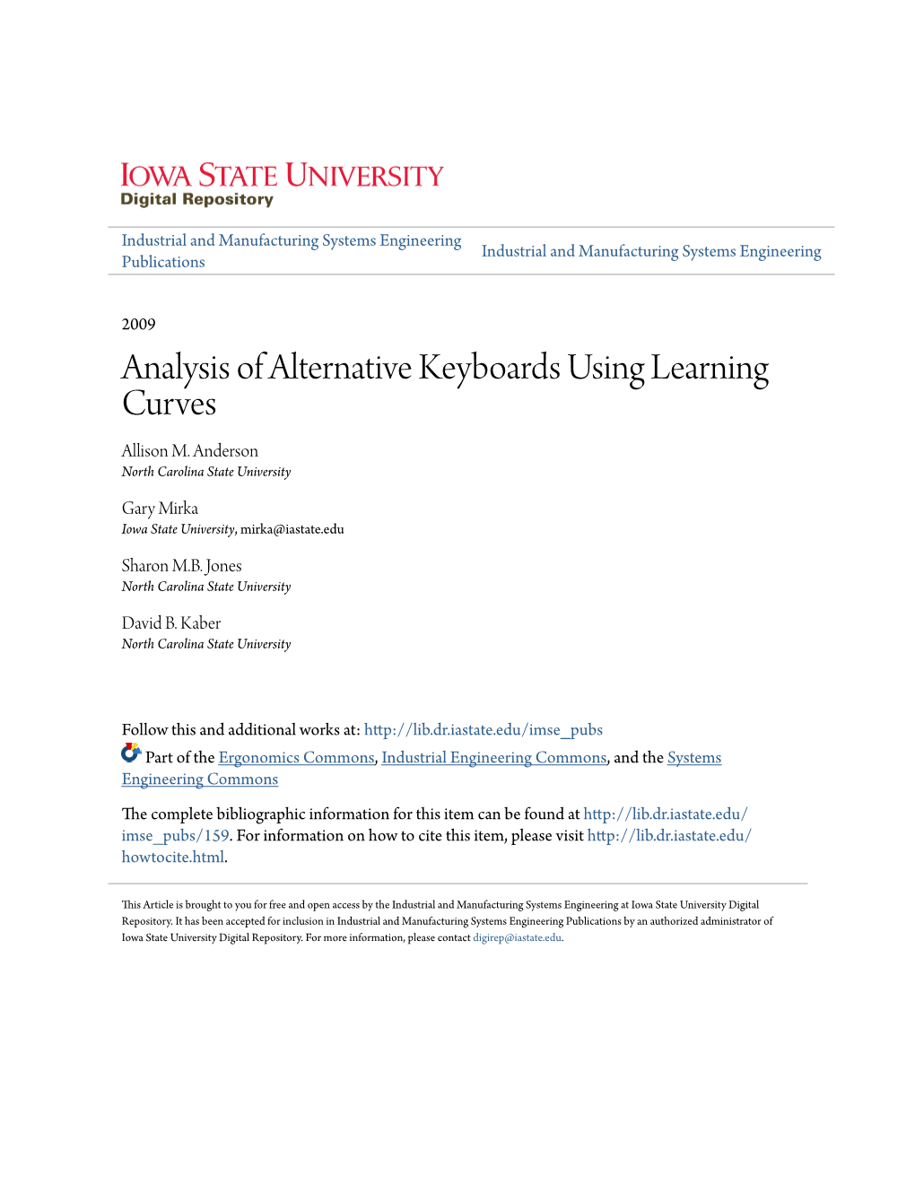 Analysis of Alternative Keyboards Using Learning Curves Allison M