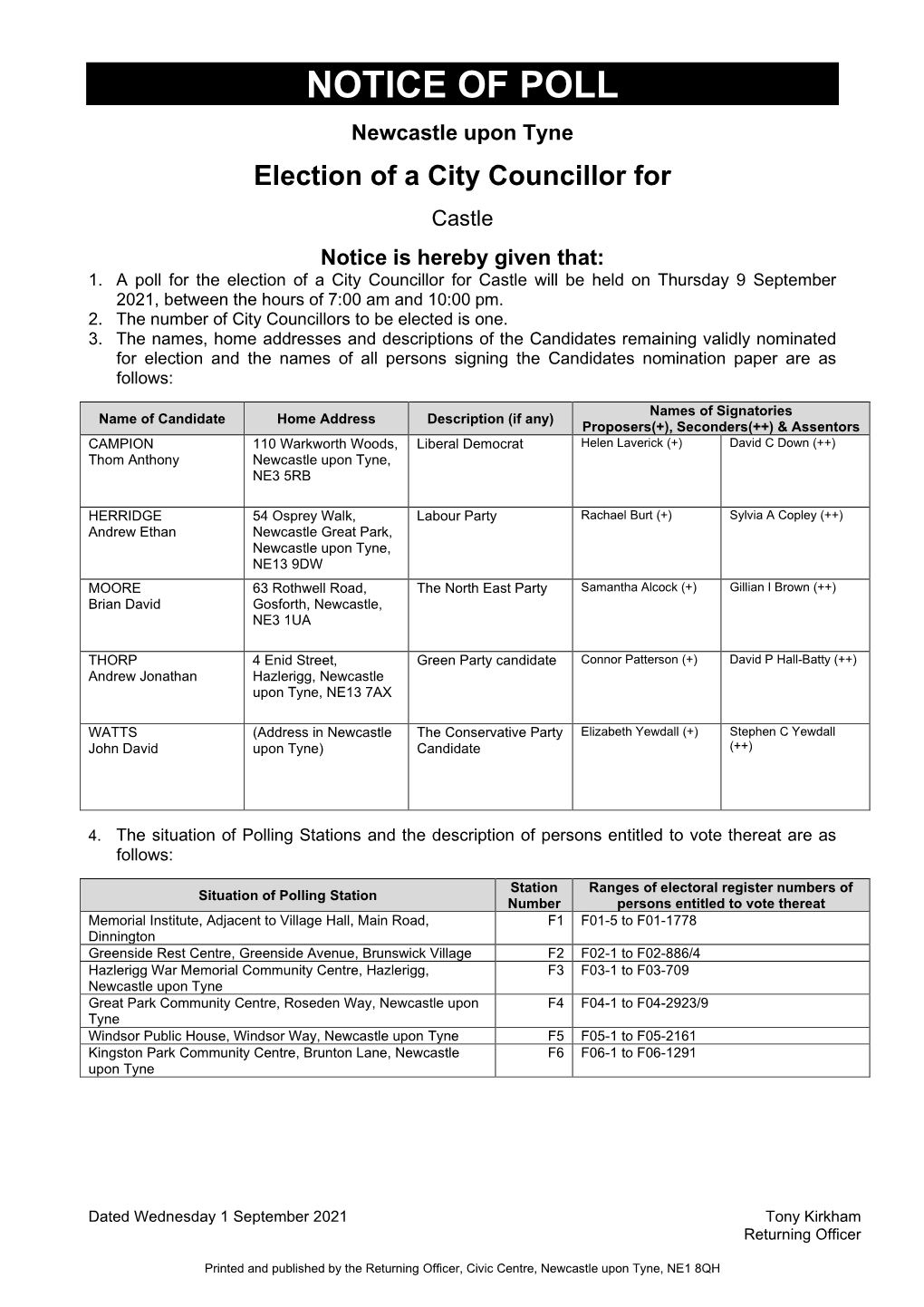 Notice of Poll & Situation of Polling Stations