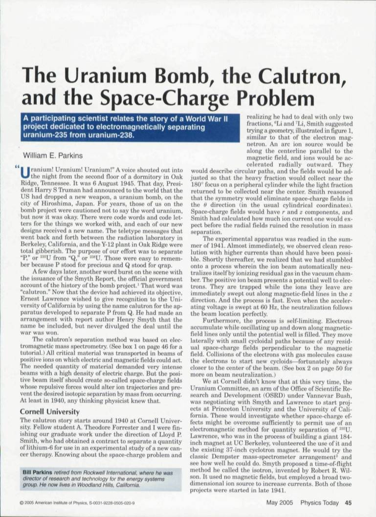 The Uranium Bomb^ the Calutron, and the Space-Charge Problem
