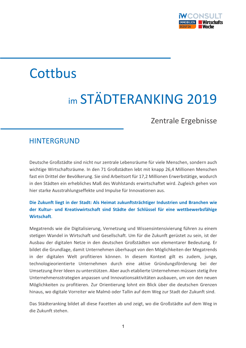 Cottbus Im STÄDTERANKING 2019
