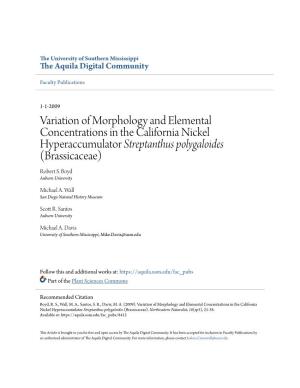 Variation of Morphology and Elemental Concentrations in the California Nickel Hyperaccumulator Streptanthus Polygaloides (Brassicaceae) Robert S