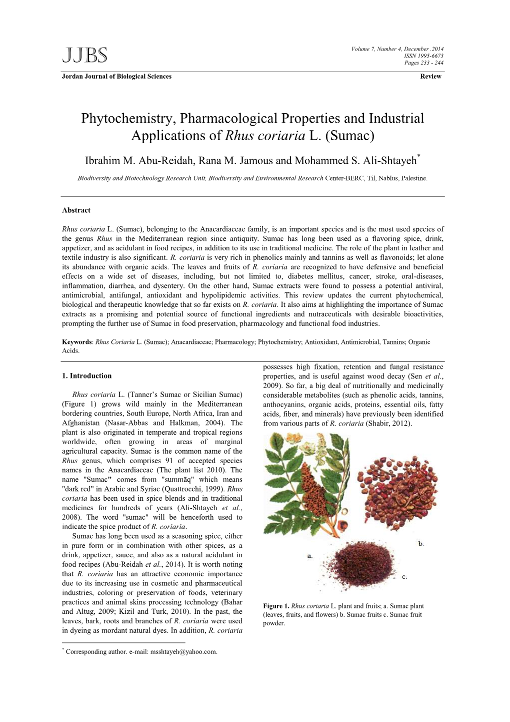 Phytochemistry, Pharmacological Properties and Industrial Applications of Rhus Coriaria L. (Sumac)