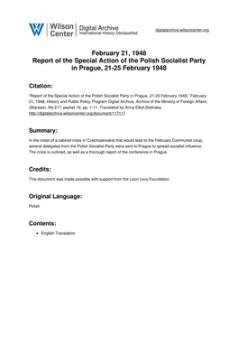 February 21, 1948 Report of the Special Action of the Polish Socialist Party in Prague, 21-25 February 1948