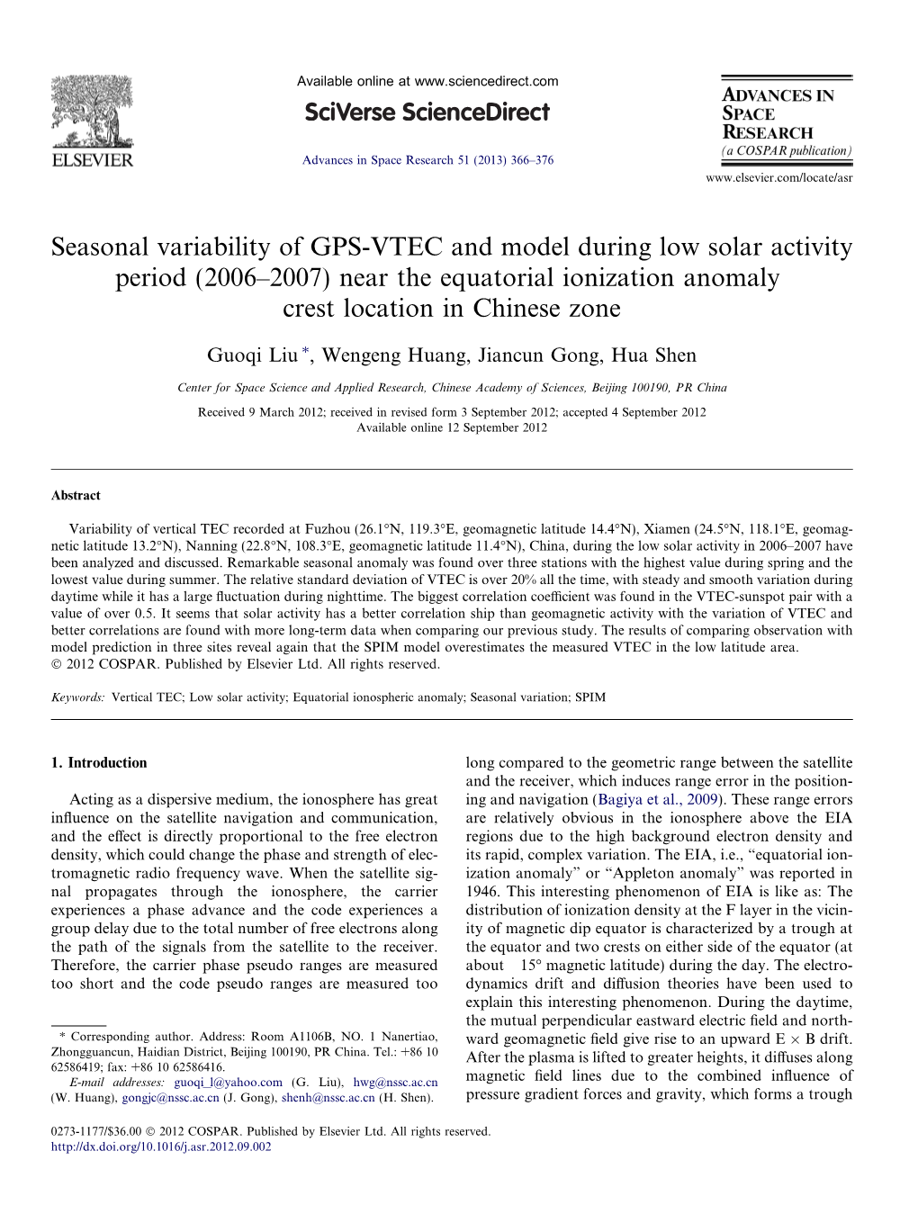 Seasonal Variability of GPS-VTEC and Model During Low Solar Activity Period (2006–2007) Near the Equatorial Ionization Anomaly Crest Location in Chinese Zone