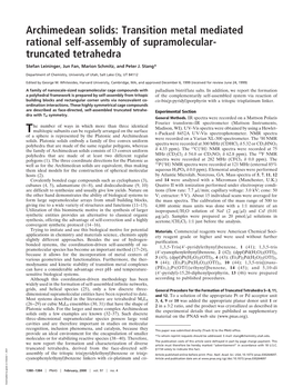 Archimedean Solids: Transition Metal Mediated Rational Self-Assembly of Supramolecular- Truncated Tetrahedra