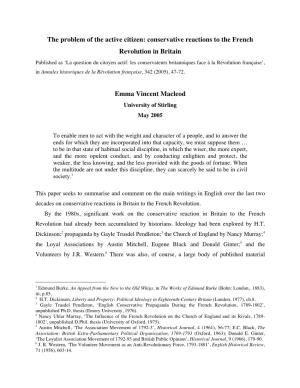 La Question Du Citoyen Actif: Les Conservateurs Britanniques Face À La Révolution Française’, in Annales Historiques De La Révolution Française, 342 (2005), 47-72