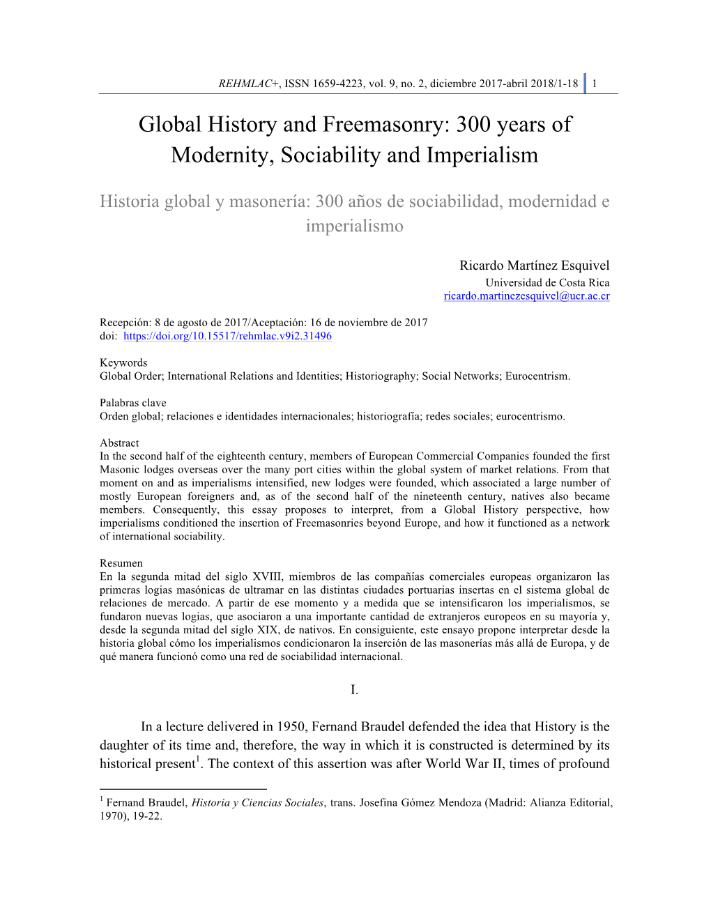 Global History and Freemasonry: 300 Years of Modernity, Sociability and Imperialism