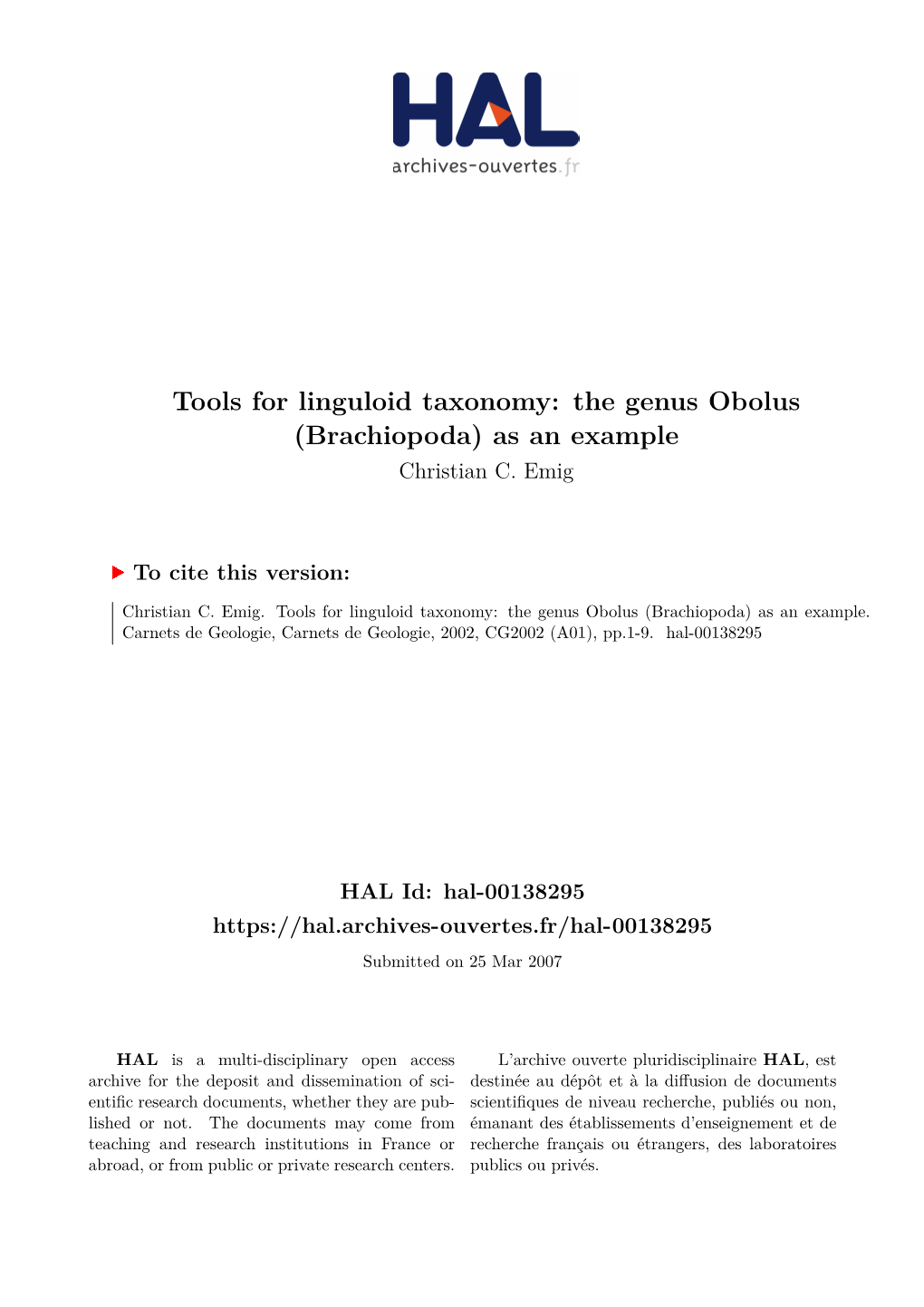 The Genus Obolus (Brachiopoda) As an Example Christian C