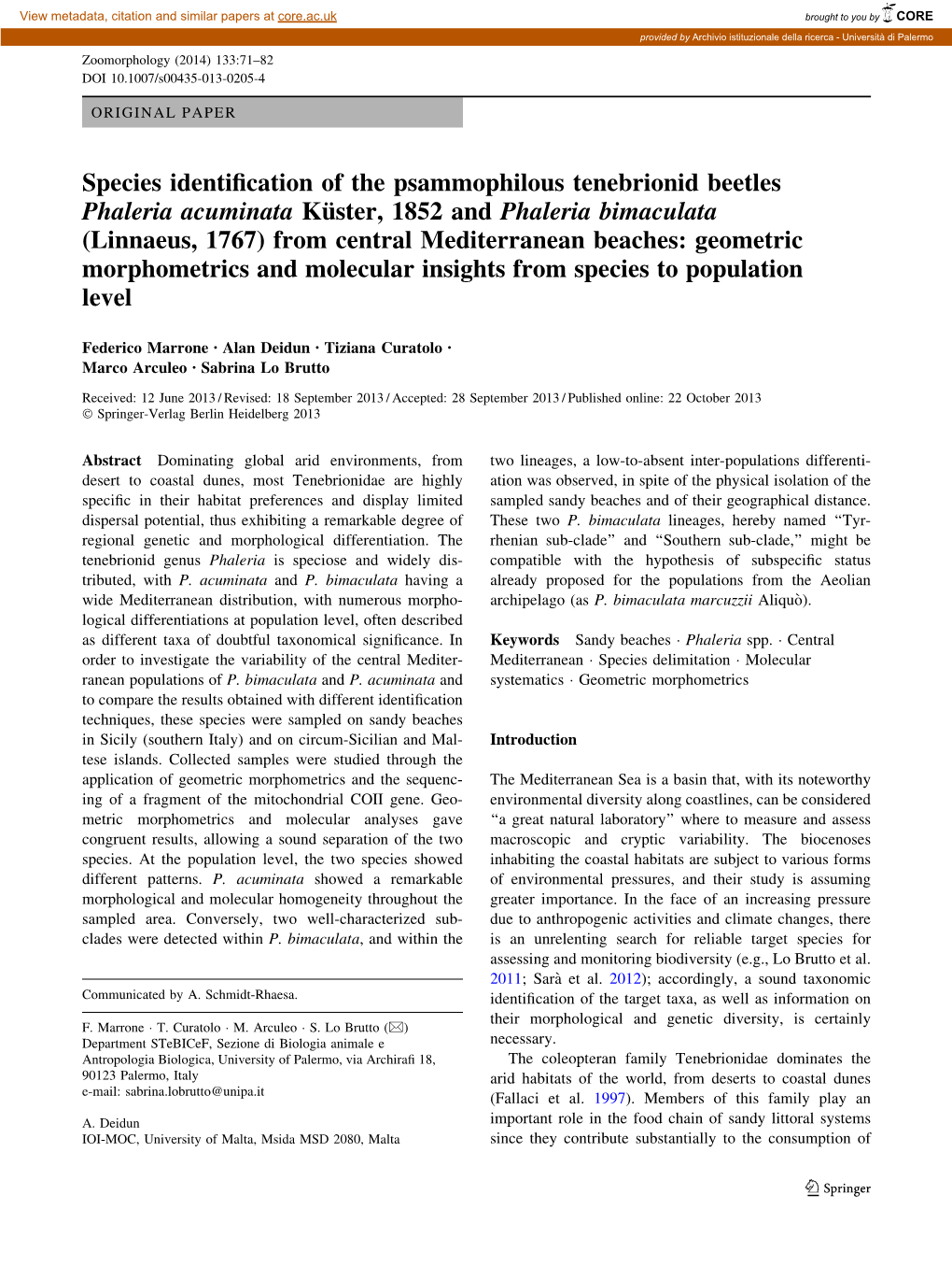 Species Identification of the Psammophilous Tenebrionid Beetles Phaleria Acuminata Ku¨Ster, 1852 and Phaleria Bimaculata