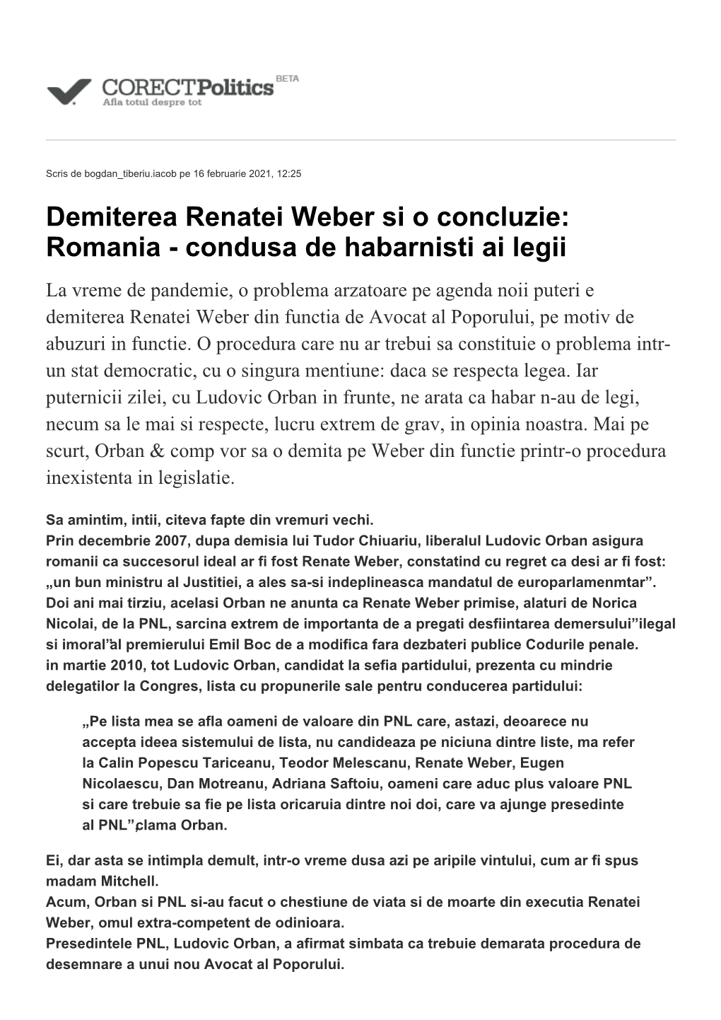 Demiterea Renatei Weber Si O Concluzie: Romania