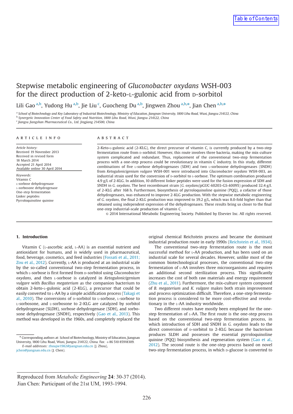 Gluconobacter Oxydans WSH-003 for the Direct Production of 2-Keto-L-Gulonic Acid from D-Sorbitol