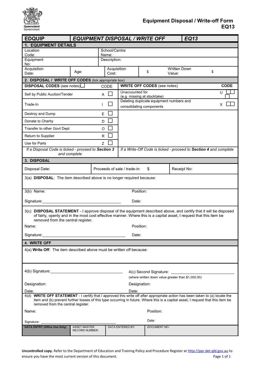 Equipment Disposal/Write-Off Form (EQ13)