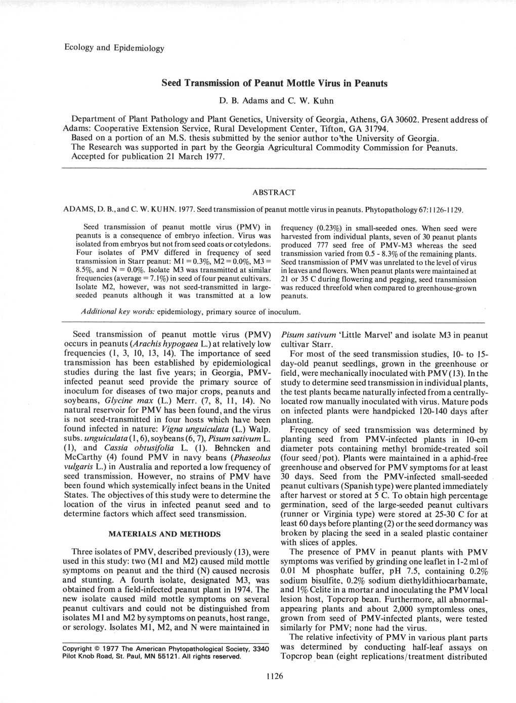 Seed Transmission of Peanut Mottle Virus in Peanuts D