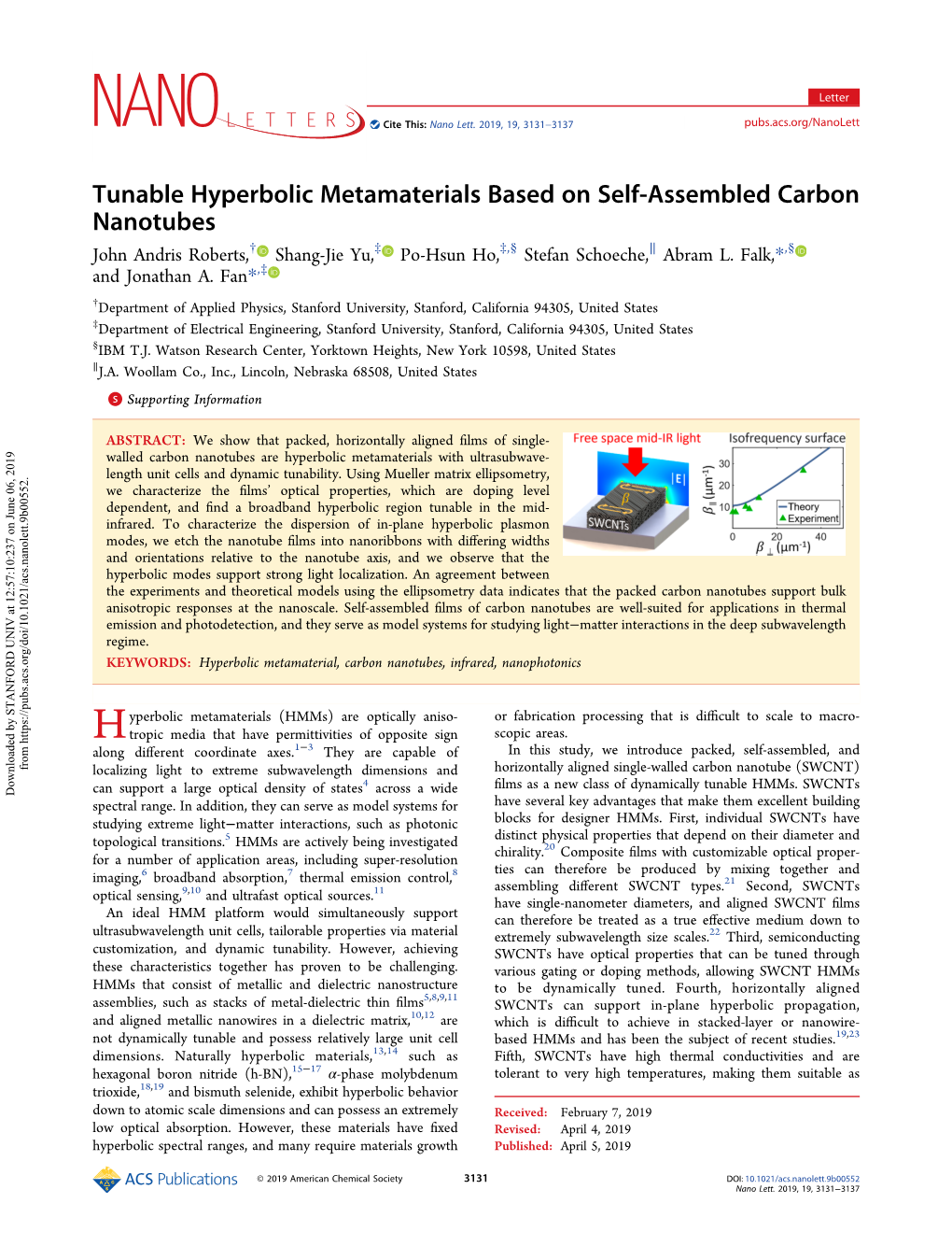 Tunable Hyperbolic Metamaterials Based on Self-Assembled Carbon Nanotubes † ‡ ‡ § ∥ § John Andris Roberts, Shang-Jie Yu, Po-Hsun Ho, , Stefan Schoeche, Abram L