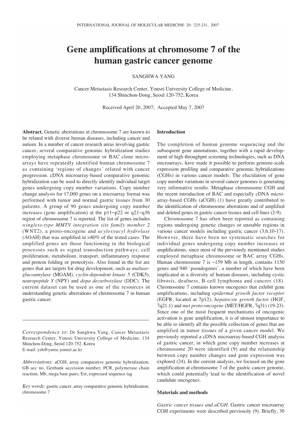 Gene Amplifications at Chromosome 7 of the Human Gastric Cancer Genome