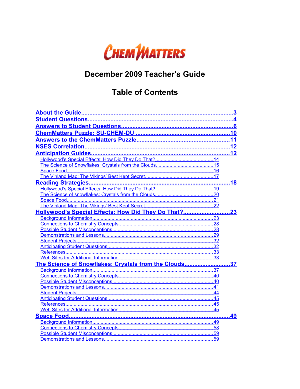 December 2009 Teacher's Guide Table of Contents