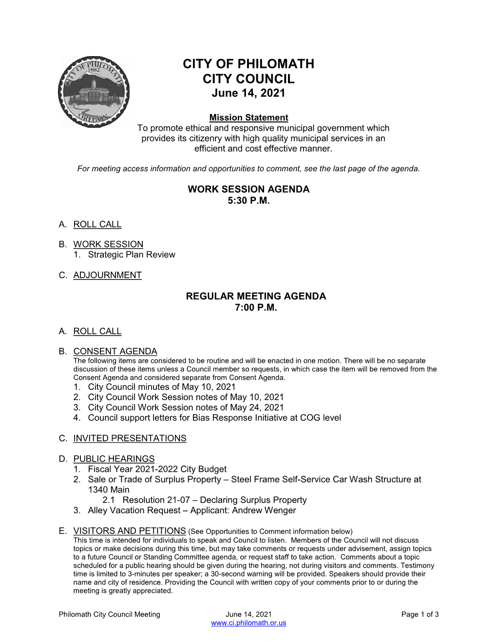 CITY of PHILOMATH CITY COUNCIL June 14, 2021