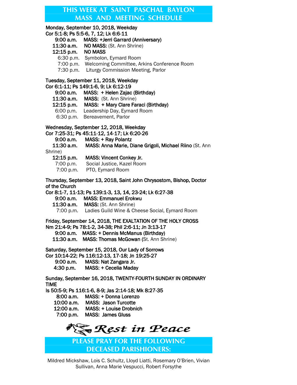 This Week at Saint Paschal Baylon Mass and Meeting Schedule