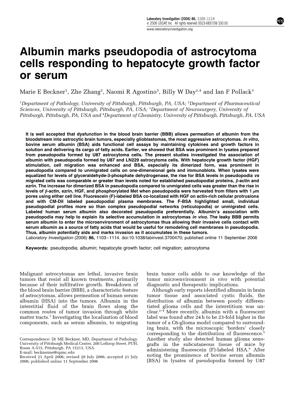 Albumin Marks Pseudopodia of Astrocytoma Cells Responding to Hepatocyte Growth Factor Or Serum