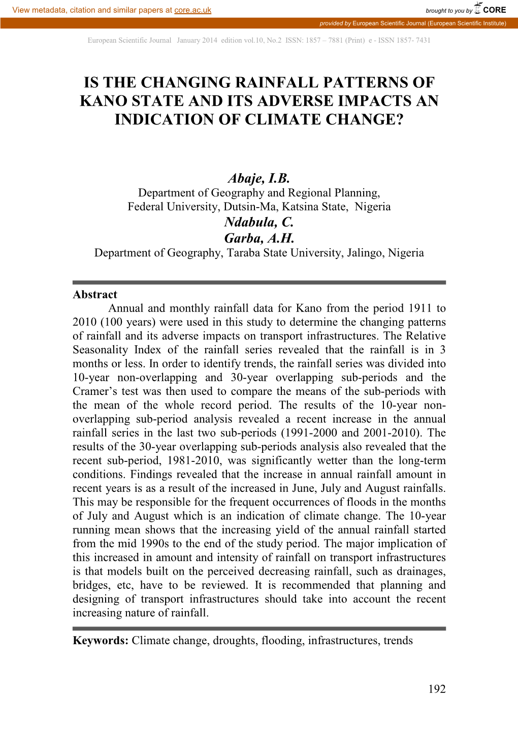Is the Changing Rainfall Patterns of Kano State and Its Adverse Impacts an Indication of Climate Change?
