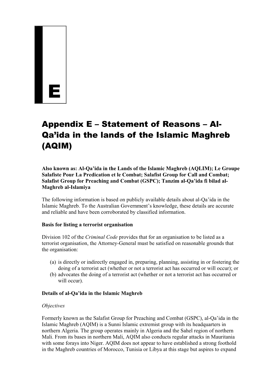 Appendix E – Statement of Reasons – Al- Qa’Ida in the Lands of the Islamic Maghreb (AQIM)