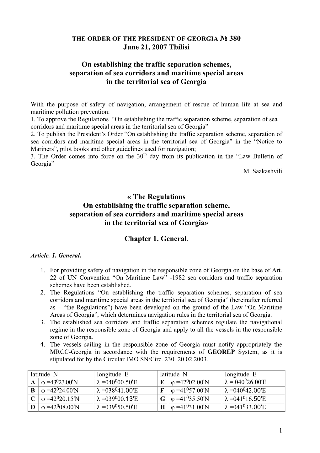 June 21, 2007 Tbilisi on Establishing the Traffic Separation Schemes