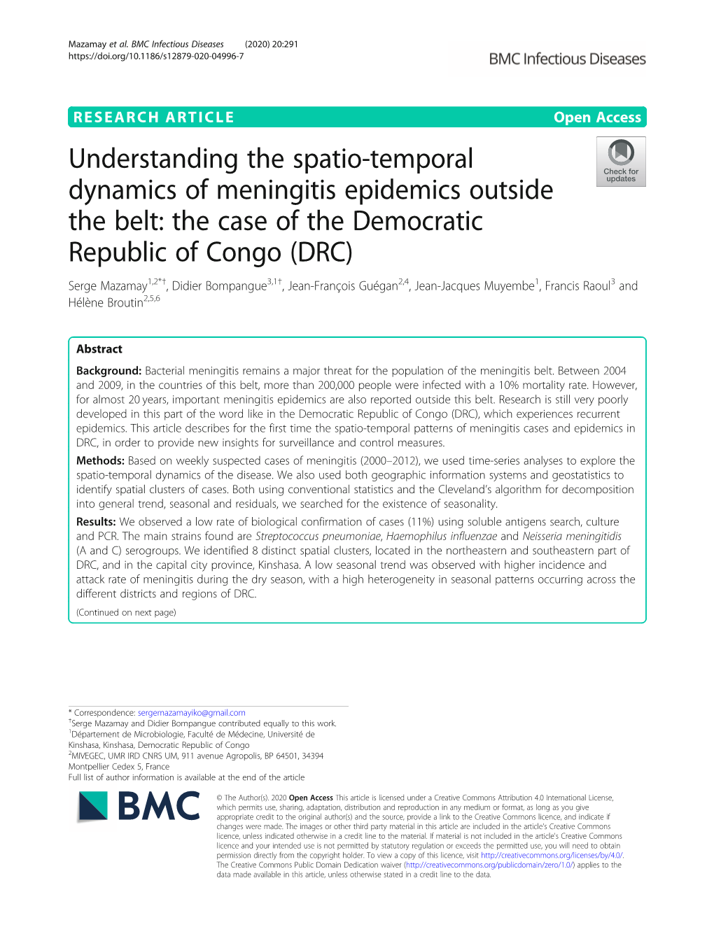 Understanding the Spatio-Temporal Dynamics of Meningitis Epidemics Outside the Belt: the Case of the Democratic Republic of Cong