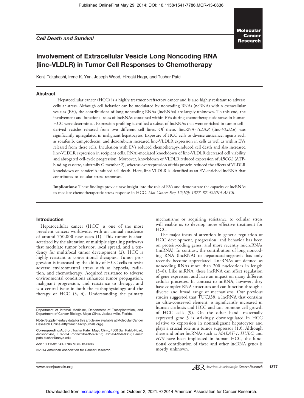 Involvement of Extracellular Vesicle Long Noncoding RNA (Linc-VLDLR) in Tumor Cell Responses to Chemotherapy