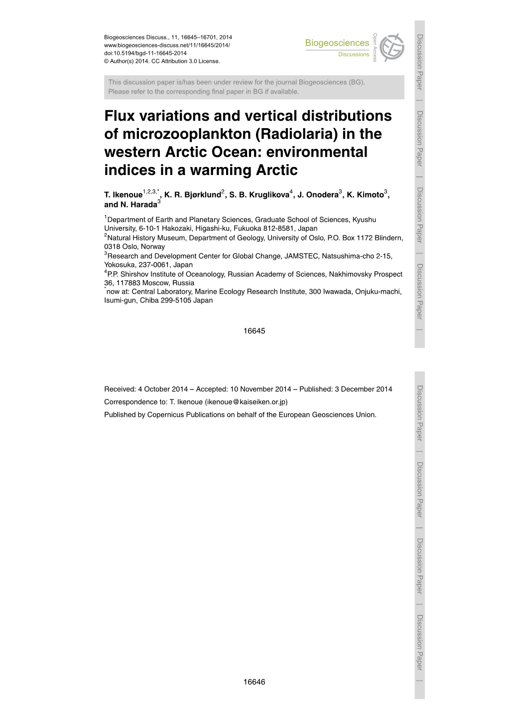 (Radiolaria) in the Western Arctic Ocean: Environmental Indices in a Warming Arctic T