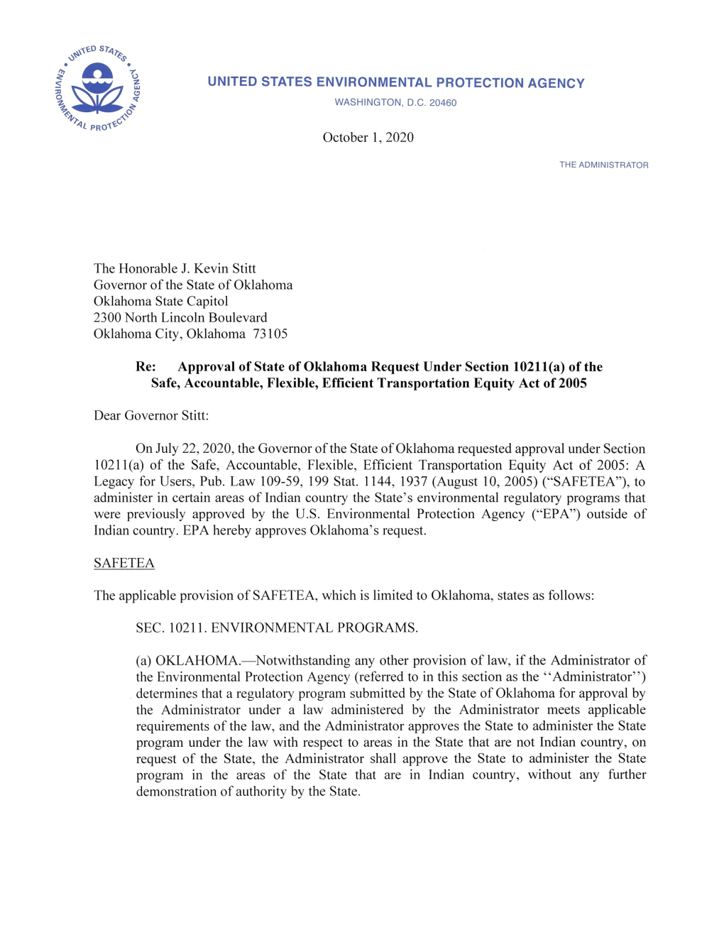 EPA Letter to Gov. Stitt