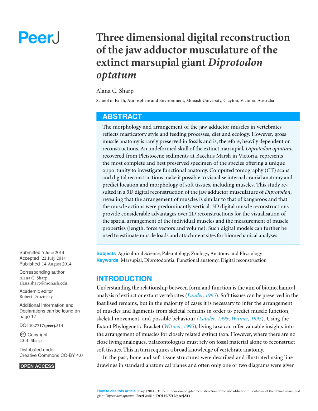 Three Dimensional Digital Reconstruction of the Jaw Adductor Musculature of the Extinct Marsupial Giant Diprotodon Optatum