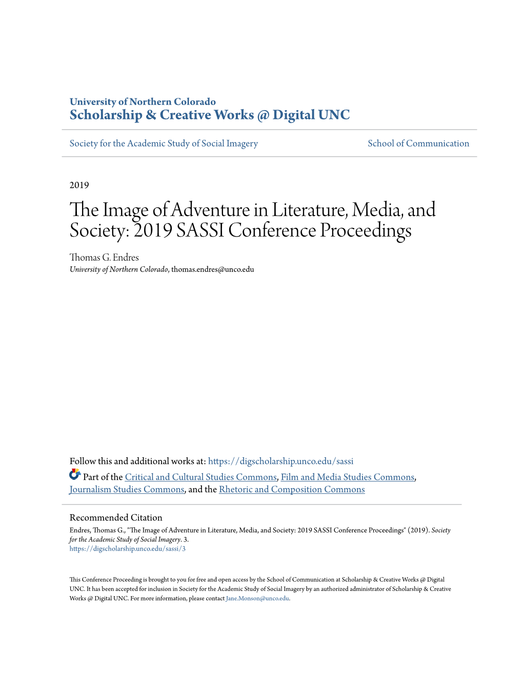 The Image of Adventure in Literature, Media, and Society: 2019 SASSI