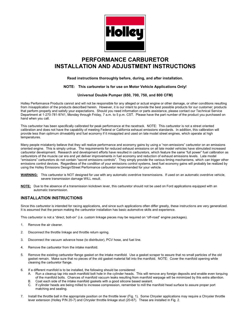 Performance Carburetor Installation and Adjustment Instructions