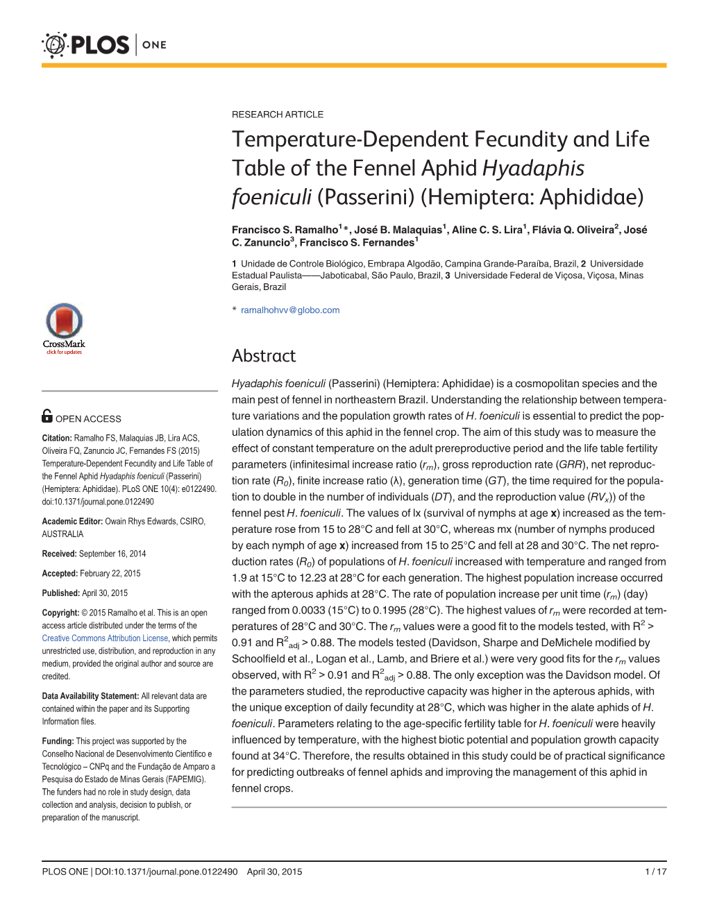 Temperature-Dependent Fecundity and Life Table of the Fennel Aphid Hyadaphis Foeniculi (Passerini) (Hemiptera: Aphididae)