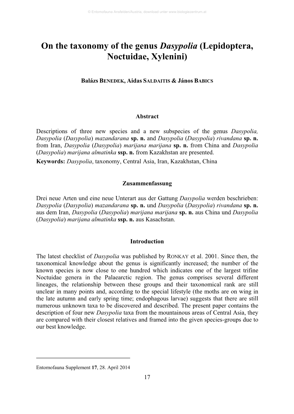 On the Taxonomy of the Genus Dasypolia (Lepidoptera, Noctuidae, Xylenini)