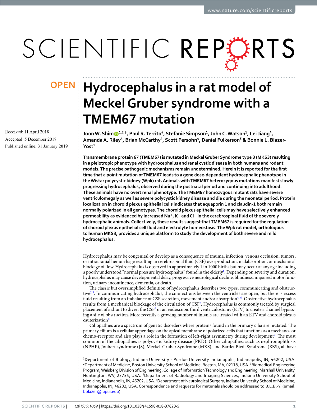 Hydrocephalus in a Rat Model of Meckel Gruber Syndrome with a TMEM67 Mutation Received: 11 April 2018 Joon W